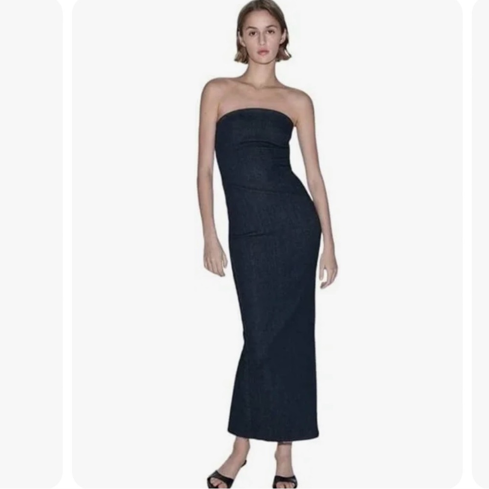 Zara denim long dress never worn. Includes tags. Non stretch dress, navy dress